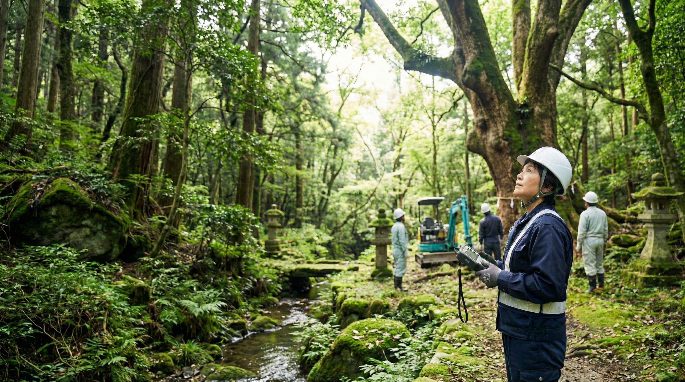 大分・由布の緑豊かな風景で樹木診断を行う女性代表